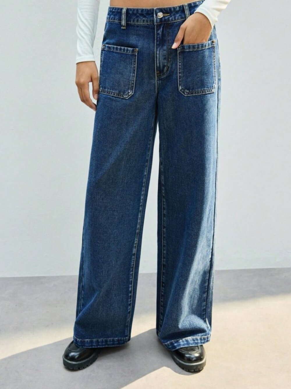 Dark Blue Denim Jeans with Patch Pockets